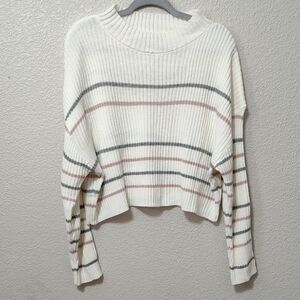 Shein Cropped Striped White Beige Gray Oversize Boxy Sweater Small Soft Cozy
